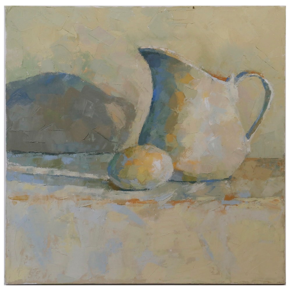 CAROLYN WHITAKER (ME/CA,1949-2018): CAROLYN WHITAKER (ME/CA,1949-2018) White Pitcher and Egg in Yellow Light, oil on canvas, unsigned, unframed. Fine condition. OS: 12 x 12 in. (30.5 x 30.5 cm.)