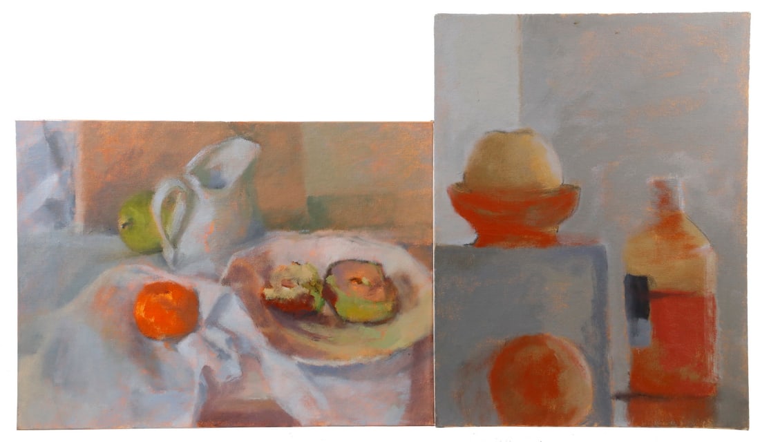 (2) CAROLYN WHITAKER (ME/CA,1949-2018) PAINTINGS: (2) CAROLYN WHITAKER (ME/CA,1949-2018) PAINTINGS (2) Still Life Studies, oil on canvas panel, unsigned, one depicting an apple, orange, jug and plate with pastries (12" x 16"), the other with a