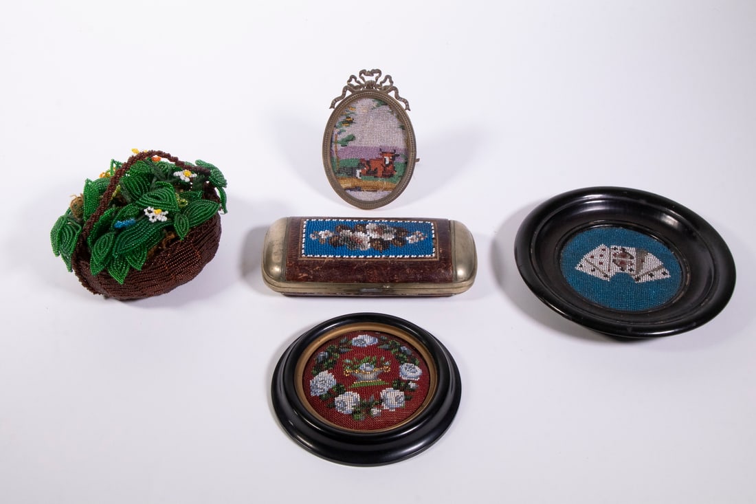 (5) BEADED DECORATIVE ITEMS: (5) BEADED DECORATIVE ITEMS Antique spectacles case, in leather and silver plate, with beaded top panel, interior fitted for two pairs of glasses, 5 1/2" x 2 3/4" x 1"; (3) Small framed beaded