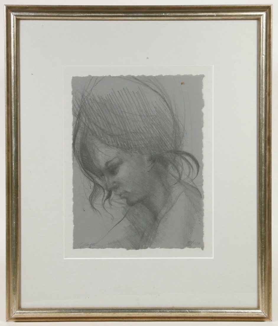 LIMITED EDITION PORTRAIT PRINT: BAXTER LIMITED EDITION PORTRAIT PRINT Portrait of Young Woman, limited edition print, #93/150, pencil signed "Z (or L) Baxter" lower left, from a bust drawing depicting a woman in a hat, laid on