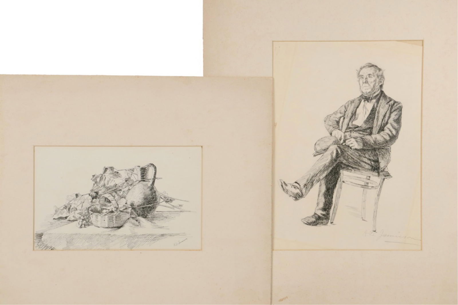(2) A.D. JAMIESON INK DRAWINGS: (2) A.D. JAMIESON INK DRAWINGS Both matted, signed "A.D. Jamieson", including: Seated Elderly Gent with Bowler on Knee; Still Life with Basket, Pitcher and Grapevine. LGST: 12 x 8 1/2 in. (30.5 x