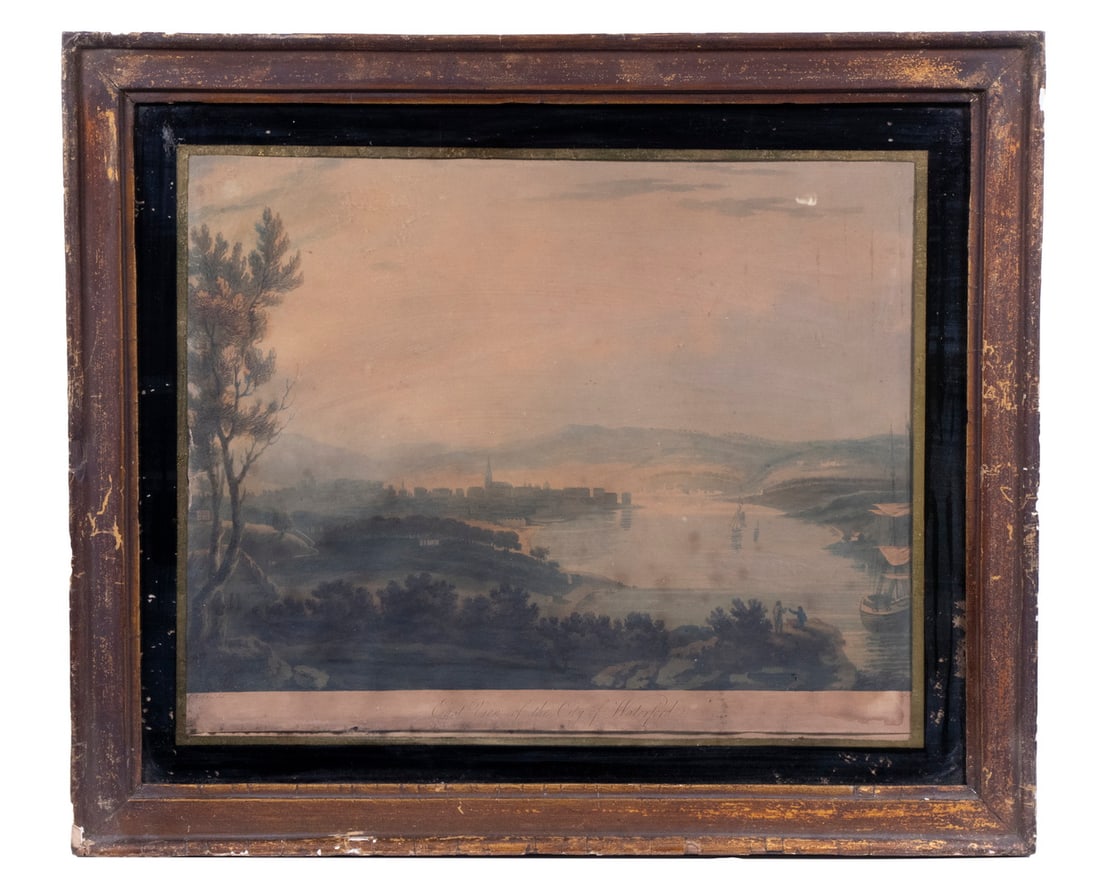 18TH C. BRITISH TOPOGRAPHICAL PRINT: 18TH C. BRITISH TOPOGRAPHICAL PRINT "East View of the City of Waterford", hand colored litho, London: T.S. Roberts, 1795. In the original gold molded frame with eglomise matt glass, toned, edge loss.
