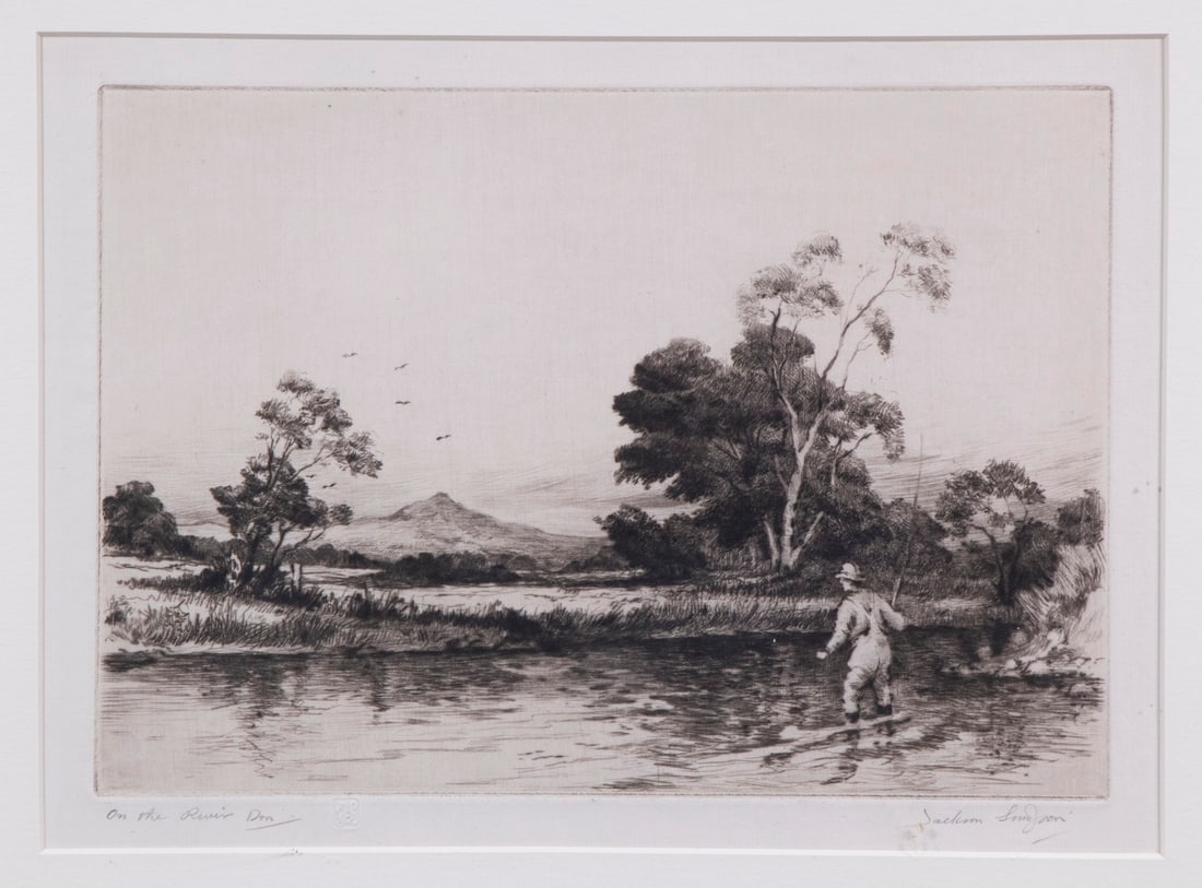 JACKSON SIMPSON (UK, ACTIVE 1930-40): JACKSON SIMPSON (UK, ACTIVE 1930-40) "On the River Don", etching, pencil signed and titled, with embossed seal, depicting a fly fisherman working from the river bank, in black and gold molded frame,