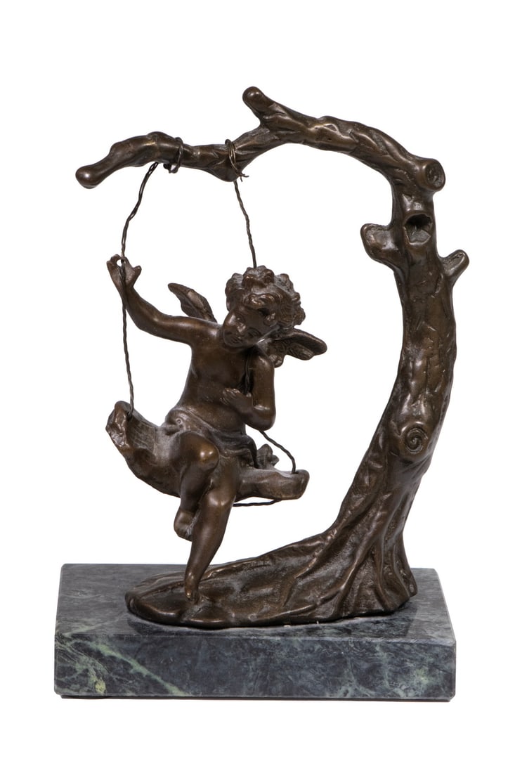 BRONZE SCULPTURE AFTER AUGUSTE MOREAU (FRANCE, 1861-1906): BRONZE SCULPTURE AFTER AUGUSTE MOREAU (FRANCE, 1861-1906) Cherub on a Swing, patinated bronze sculpture by Andrea by Sadek, after a work by Auguste Moreau, signed "Aug. Moreau" at base of tree,