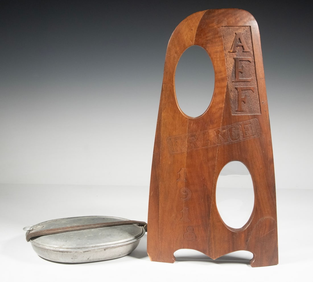 (2 PCS) WWI US ARMY MEMORABILIA: (2 PCS) WWI US ARMY MEMORABILIA AEF France 1918 Trench Art Frame for two portraits, made from the tip of an airplane propellor; Aluminum Mess Kit with US marked fork, knife & spoon, in gray wool