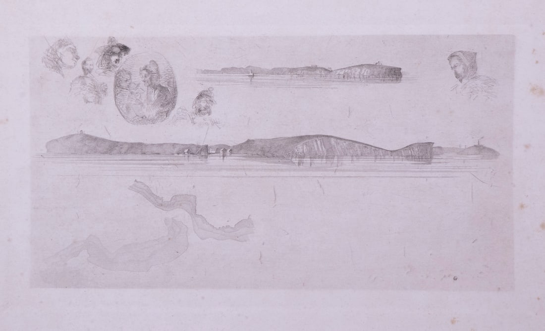 SCARCE 19TH C. PRINT OF CAPE DORSET, UNFRAMED: SCARCE 19TH C. PRINT OF CAPE DORSET, UNFRAMED Southwest Baffin Island Inuit hamlet Kinngait (Cape Dorset), viewed from the ocean, with vignette portraits of the inhabitants and a small profile chart.