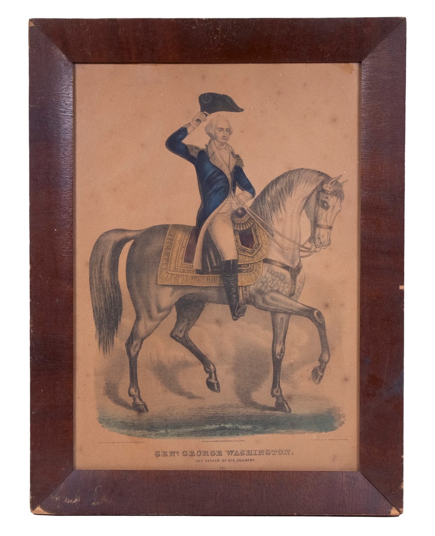 PATRIOTIC PRINT OF WASHINGTON: PATRIOTIC PRINT OF WASHINGTON "Genl. George Washington, The Father of His Country", an equestrian portrait, hand colored lithograph, published by Phelps & Watson, NY. In the original mahogany mitered