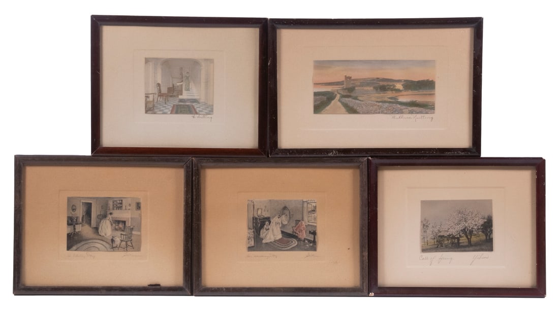(5) MINIATURE AMERICANA PRINTS & PHOTOS: (5) MINIATURE AMERICANA PRINTS & PHOTOS All 1900-1910 vintage, hand-colored photos or prints in their original cherry stick frames, including: Entrance Hall & Island Castle by Wallace Nutting; "Call