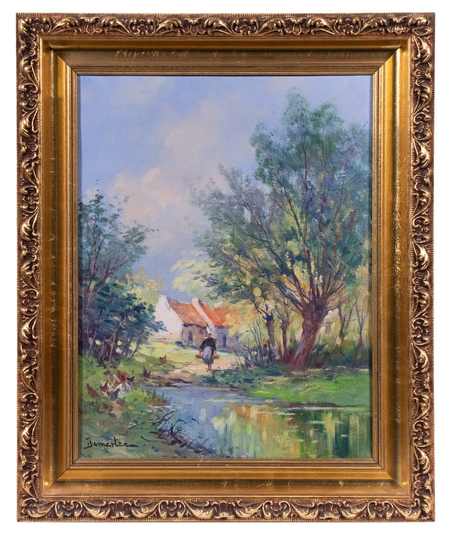EUGENE DEMESTER (FRANCE, 1914 - 1984): EUGENE DEMESTER (FRANCE, 1914 - 1984) Woman at Stream with farmhouse, feeding chickens; oil on canvas, signed lower left. In molded cove gold metal leaf frame. OS: 17 1/2 x 14 in. (44.5 x 35.6 cm.),