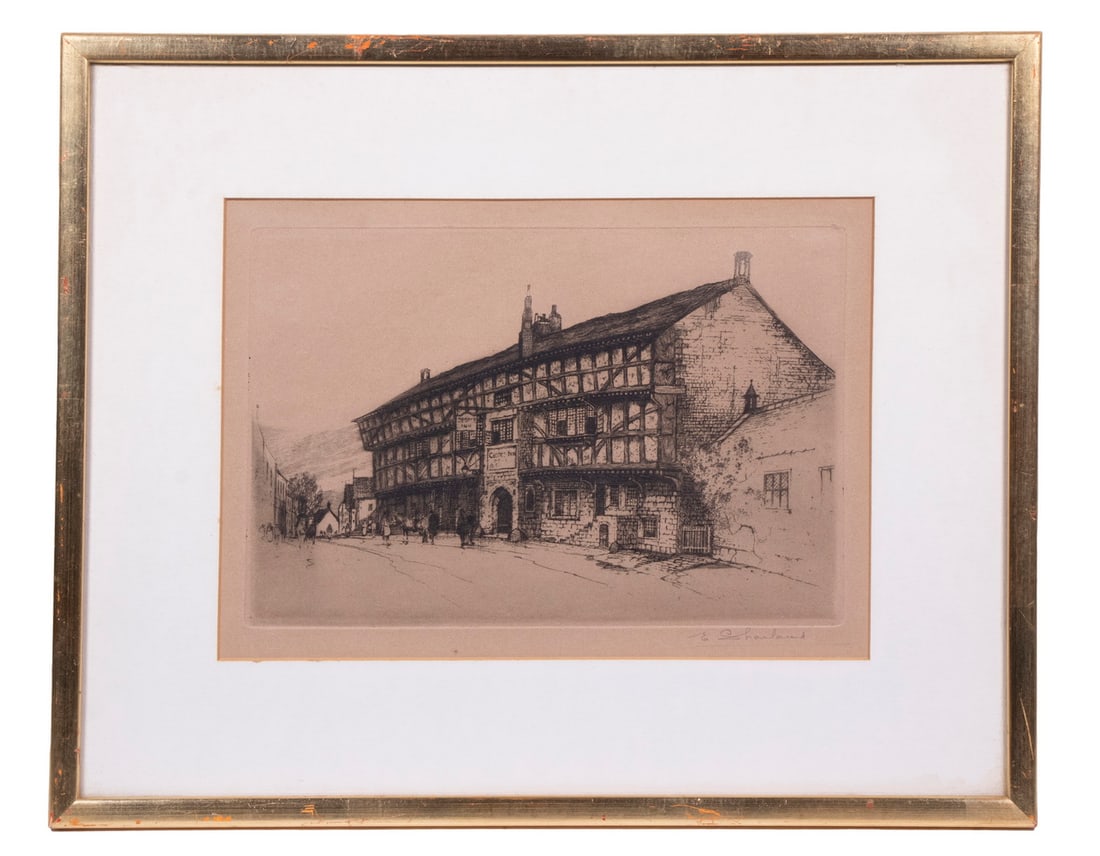 EDWARD SHARLAND (UK, 1884-1967): EDWARD SHARLAND (UK, 1884-1967) The George Inn, Norton St. Philip, Wiltshire, etching on tan paper, pencil signed. In gilt stick frame, matted under glass. From a private Maine collection. OS: 13