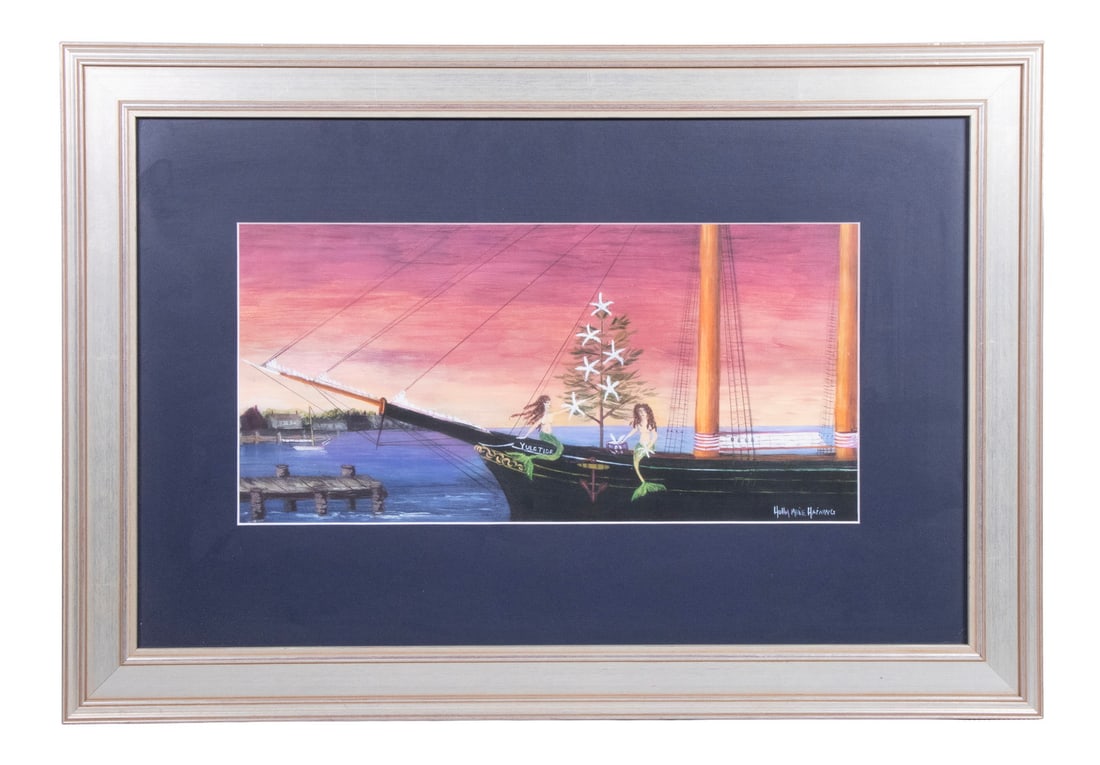 HOLLY-MARIE HAINING (CONTEMPORARY, WALDOBORO ME): HOLLY-MARIE HAINING (CONTEMPORARY, WALDOBORO ME) Mermaids Erecting Christmas Tree on Ship, photolitho. In silver and white frame, matted under glass. OS: 18 x 26 in. (45.7 x 66 cm.), SS: 8 x 16 in.