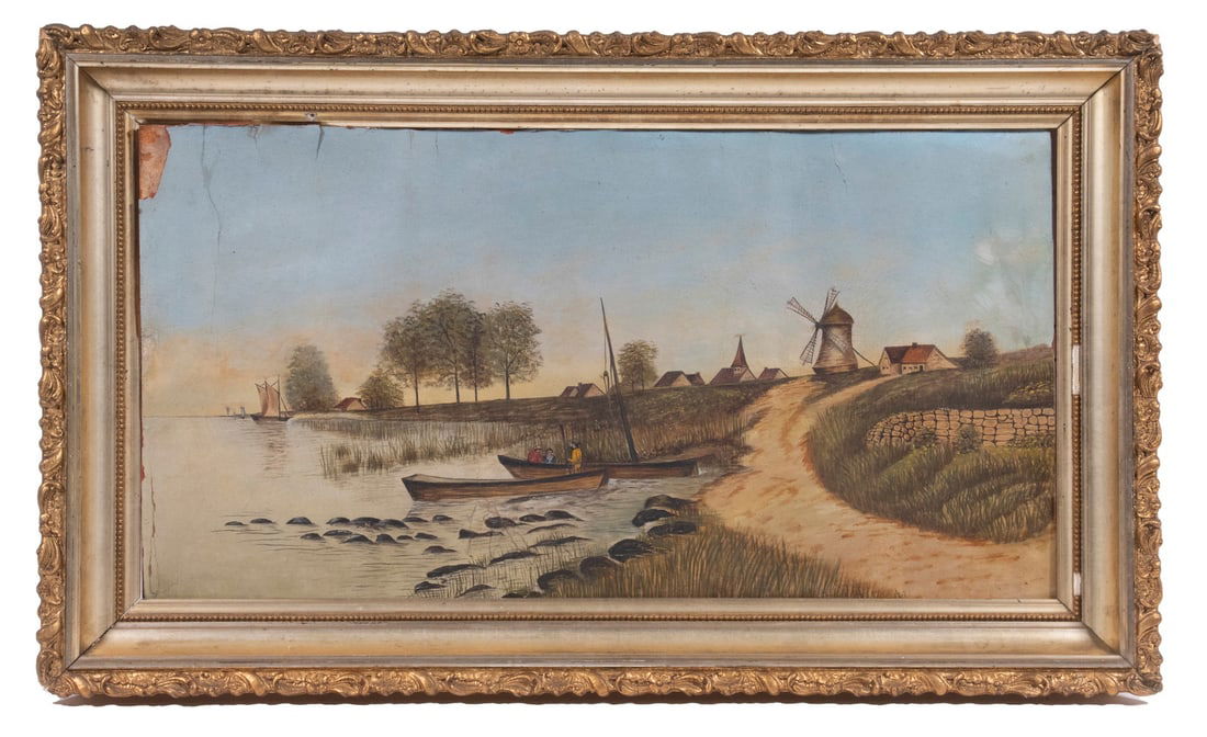 NAIVE DUTCH WATERFRONT SCENE: NAIVE DUTCH WATERFRONT SCENE Boats Moored at foot of hill with small village featuring a windmill, circa 1900, oil on paper laid to cardboard, unsigned. In gilt cove frame with gesso trim, cracked