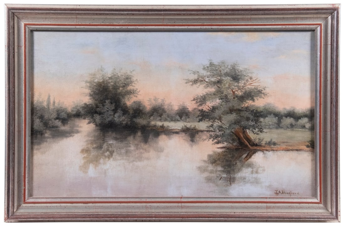 SERENE WATERSIDE SCENE BY E.A. BRADFORD: SERENE WATERSIDE SCENE BY E.A. BRADFORD River at Dawn, oil on canvas, signed lower right, dated 1913 with artist's handwritten label affixed verso, also stamped "The Talent Tree Art Gallery (Augusta,
