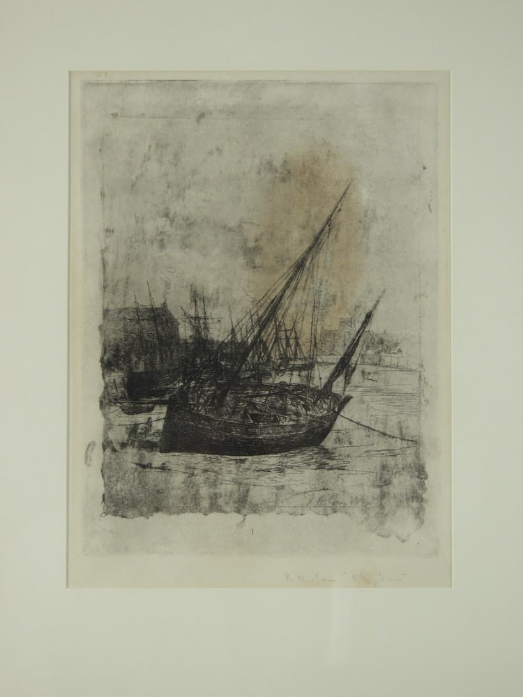 ETCHING - Depicting beached fishing craft at low tide, masts at odd angles, signed illegibly in: ETCHING Depicting beached fishing craft at low tide, masts at odd angles, signed illegibly in plate lower right, inscribed as a gift, in oak stick frame, matted and glazed. Large toned area at