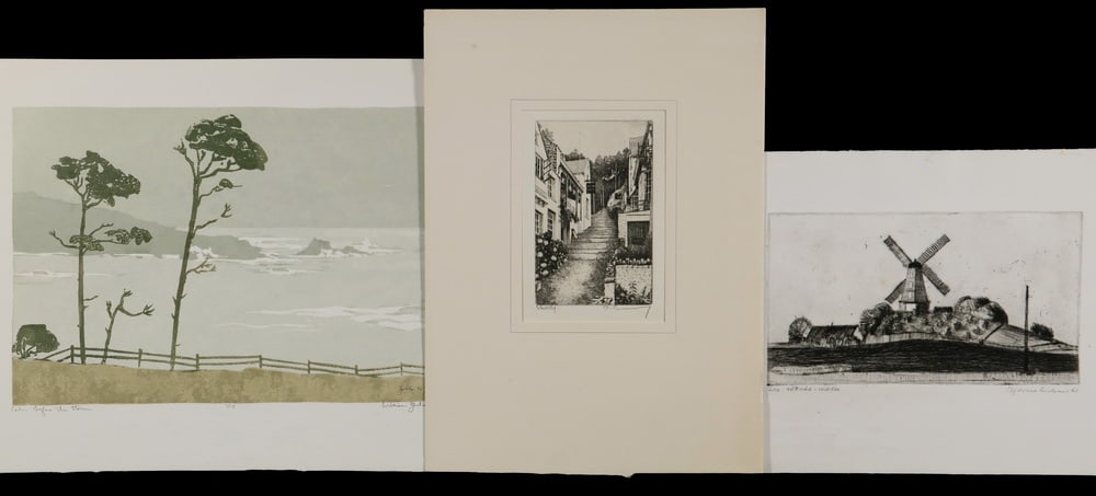 (8) LANDSCAPE PRINTS: (8) LANDSCAPE PRINTSAll unframed, in mats or loose, including: BJARNE WILHJELM NIELSEN (DENMARK, 1917 - ?) "Tornal-molle, etching, signed, dated "61, titled and numbered 2/10, 5" x 9" imp on 10" x 12