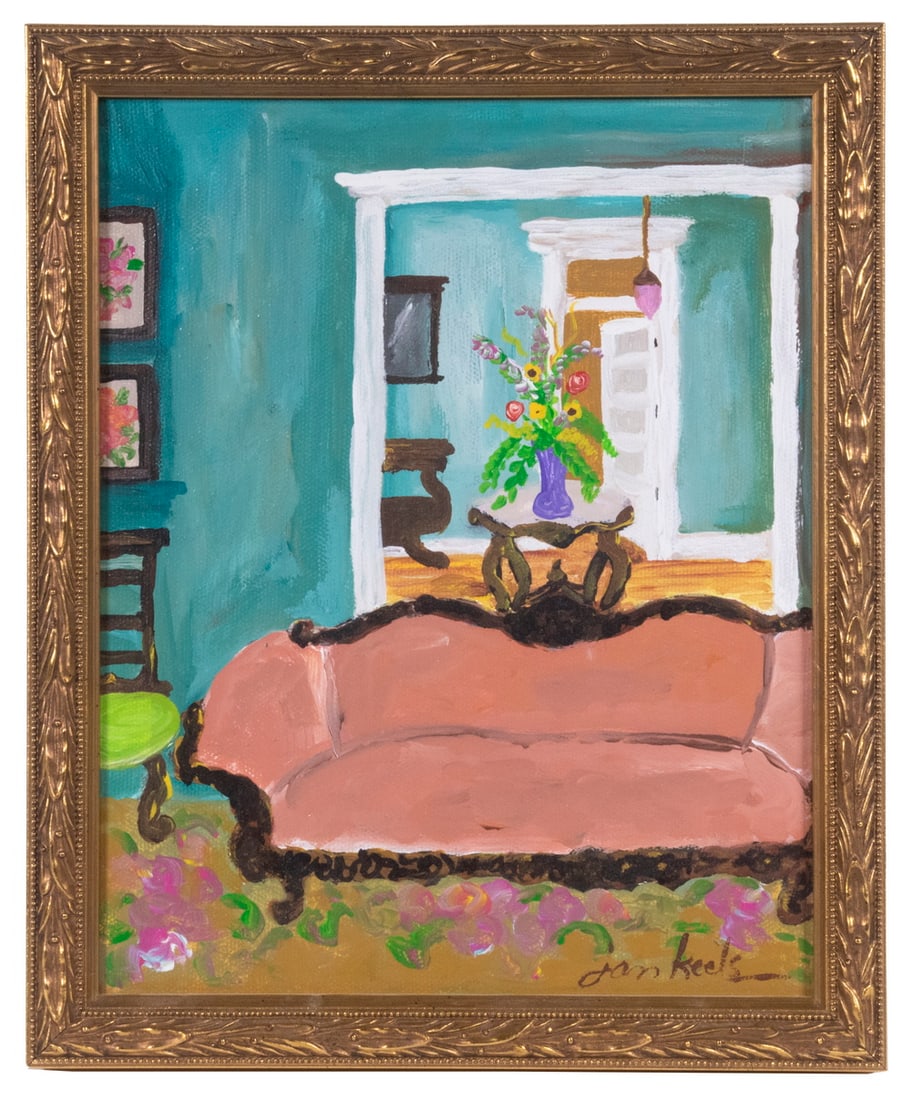JAN KEELS (LA, CONTEMPORARY): JAN KEELS (LA, CONTEMPORARY) Room Interior, oil on canvas, signed lower right, with Renaissance Gallery (Farmingdale, ME) label affixed verso, in a gilded and molded wooden frame. Good condition. OS: