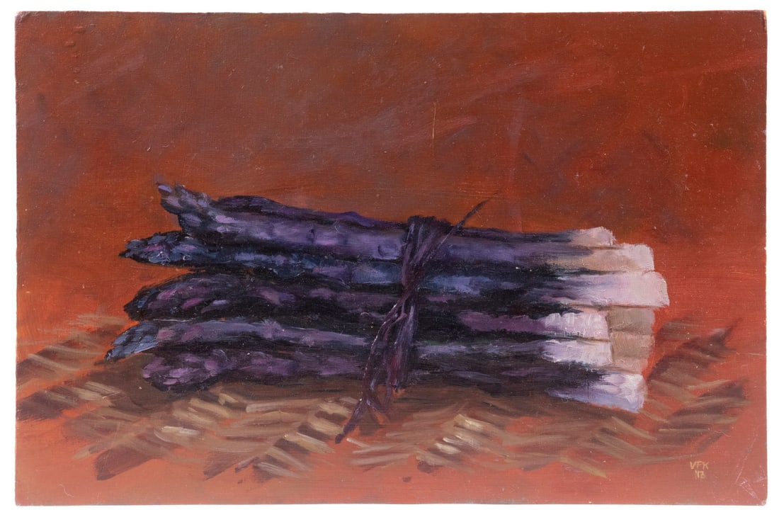 CONTEMPORARY STILL LIFE PAINTING: CONTEMPORARY STILL LIFE PAINTINGPurple Asparagus, bundled, on a tabletop with terra cotta background, oil on hardboard, initialed "VPK, "13." Unframed.
