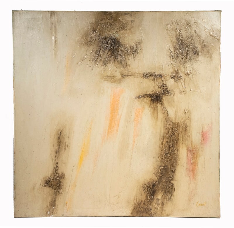 LARGE SCALE ABSTRACT OIL PAINTING SIGNED 'COVENT' OR 'COVERT': LARGE SCALE ABSTRACT OIL PAINTING SIGNED "COVENT" OR "COVERT"Impasto Abstract in Ochre, oil on canvas, signed lower right. Unframed. Craquelure at bottom.OS: 42 x 42 in. (106.7 x 106.7 cm.)