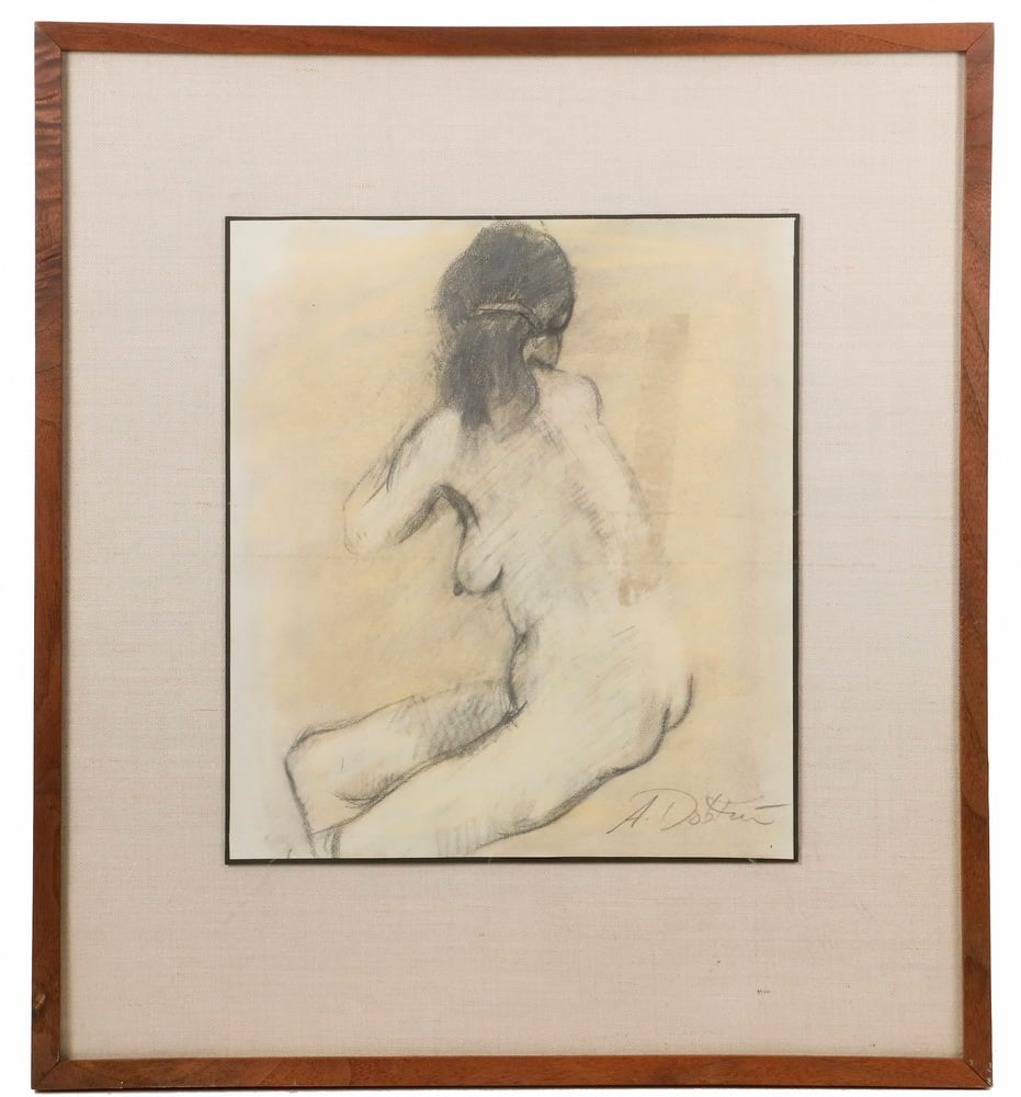 ALEXANDER DOBKIN (NY, 1908-1975): ALEXANDER DOBKIN (NY, 1908-1975)Study of a Seated Female Nude, in graphite and yellow chalk, signed lower left, in a walnut stick frame, with linen mat, glazed. Good condition.OS: 19" x 17 1/4", SS: 1