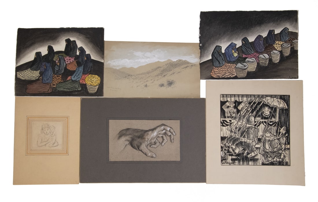 (6) ORIGINAL DRAWINGS, SOME SIGNED, ALL UNFRAMED, IN FOAMCORE FOLIO: (6) ORIGINAL DRAWINGS, SOME SIGNED, ALL UNFRAMED, IN FOAMCORE FOLIOIncluding: Henry DeWitt Merritt (NY/NH, active 1892-1898, went down on the SS Portland), White Mountains in pencil and white gouache