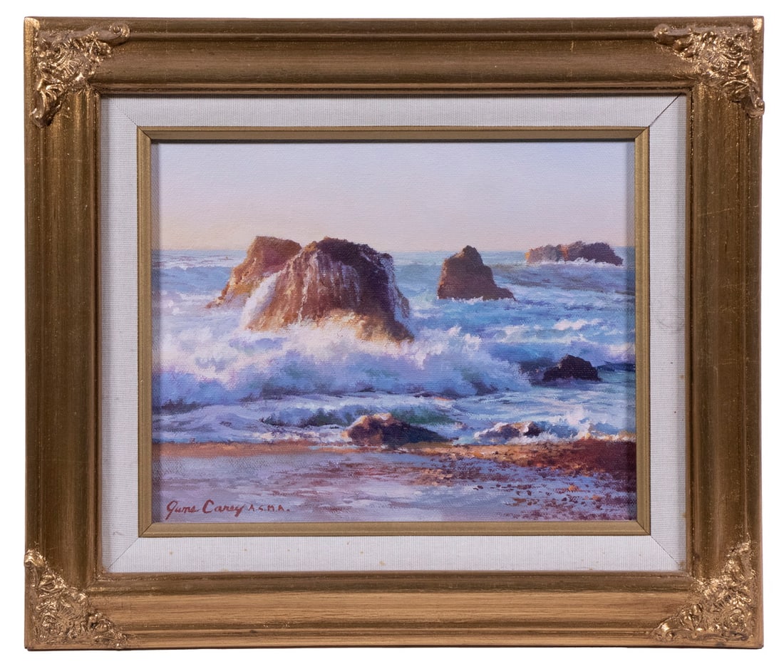 JUNE CAREY (CONTEMPORARY CA/MA): JUNE CAREY (CONTEMPORARY CA/MA)"Coastal View, Sonoma County", oil on canvas, signed lower left. In matched corner gold frame with linen liner.OS: 12 x 14 in. (30.5 x 35.6 cm.), SS: 8 x 10 in. (20.3 x