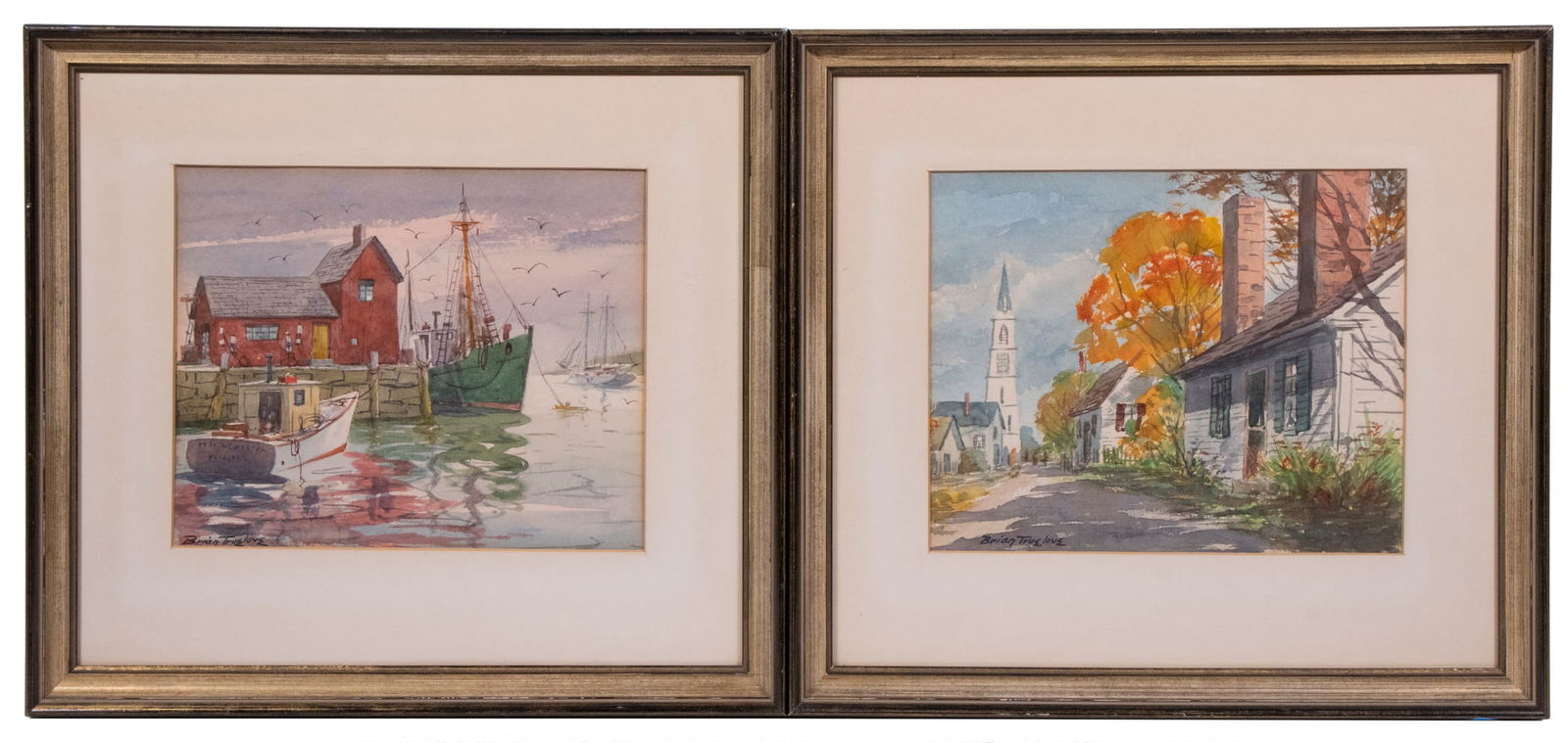 BRIAN TRUELOVE (20TH C. MA/SCOTLAND): BRIAN TRUELOVE (20TH C. MA/SCOTLAND)Pair of small Gloucester Scenes: Harbor and Church Street, watercolor, each signed lower left. In matching silver cove frames, matted under glass.OS: 11 1/2 x 12 1/