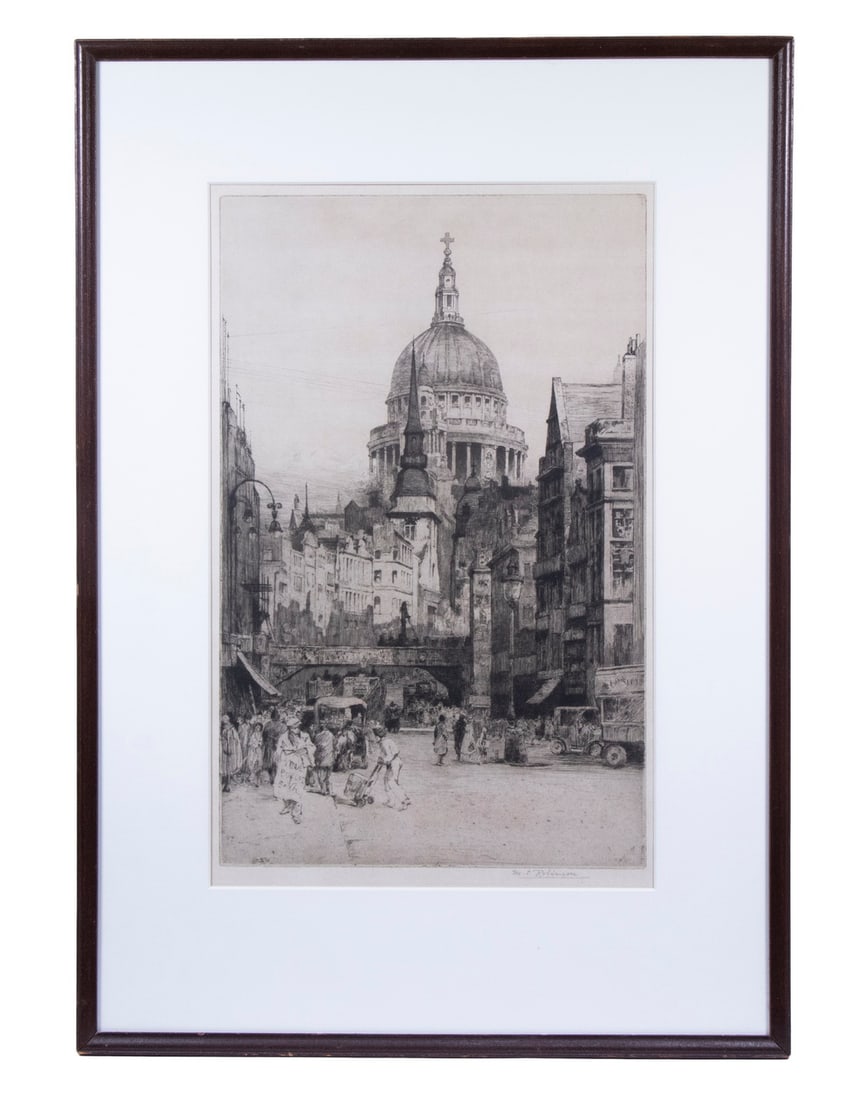 M. C. ROBINSON (EARLY 20TH C. BRITISH): M. C. ROBINSON (EARLY 20TH C. BRITISH)"St. Paul's Cathedral from Fleet Street, London", etching on buff paper, pencil signed. In mahogany stick frame, matted under glass.From a private Maine collectio