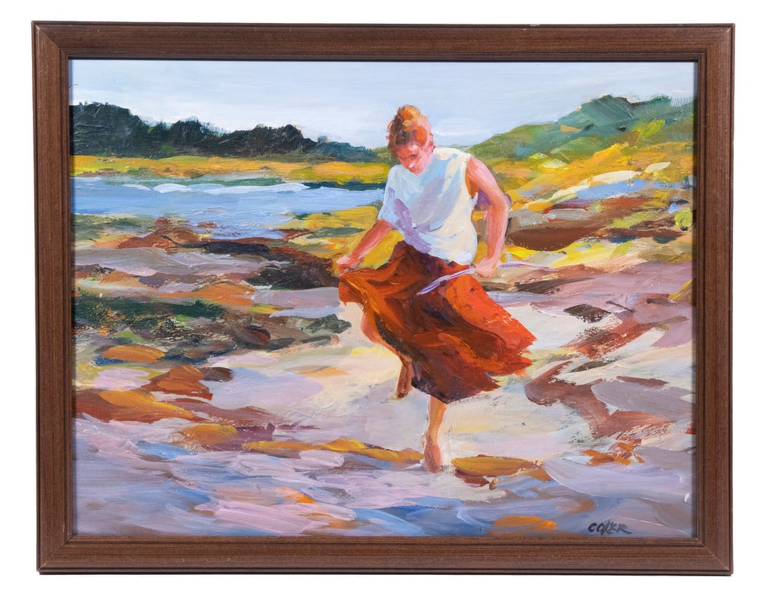 GLORIA COKER (CONTEMPORARY NEWPORT NEWS, VA): GLORIA COKER (CONTEMPORARY NEWPORT NEWS, VA)Testing the Water, acrylic on illustration board, signed lower right, in walnut frame.OS: 15 1/2 x 19 1/2 in. (39.4 x 49.5 cm.), SS: 13 1/2 x 17 1/2 in. (34