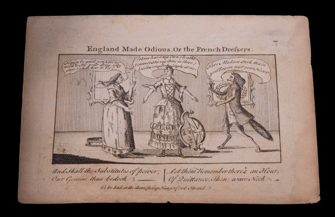 (45) MINIATURE SATIRICAL PRINTS IN ALBUM: (45) MINIATURE SATIRICAL PRINTS IN ALBUMPoitical commentary, skewering English and French high society, and revolution, dated 1756-57, engravings, most published by Darly & Edwards, the Strand. Sheets