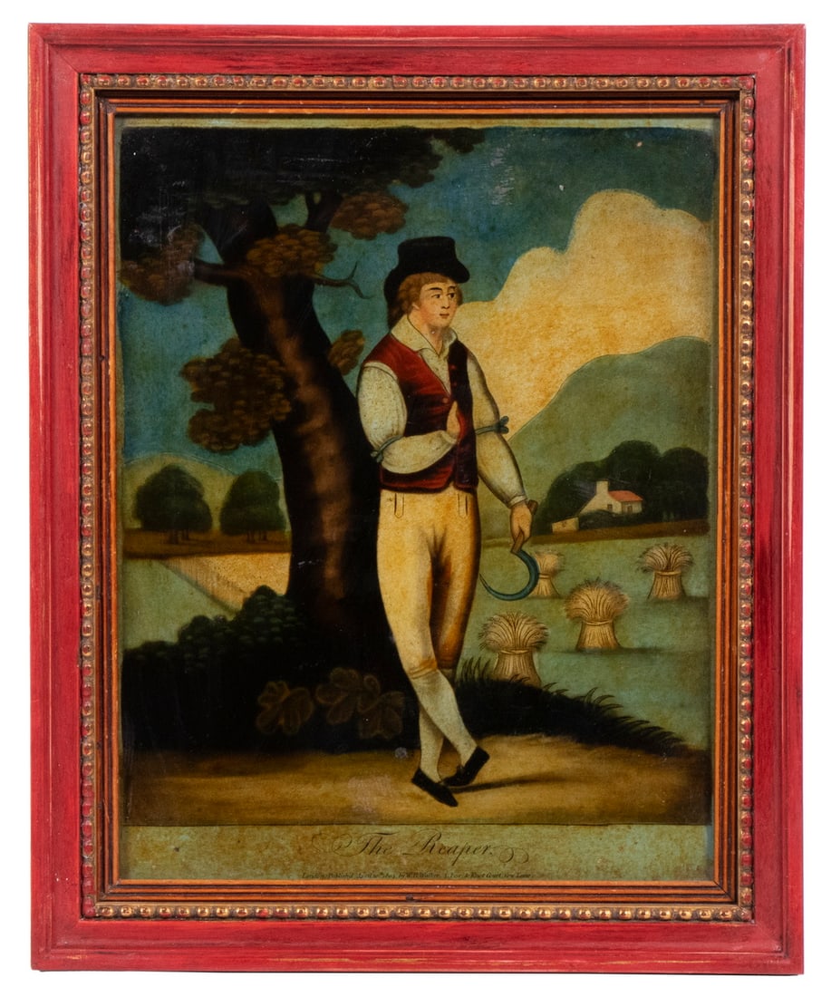 1804 BRITISH MINIATURE PRINT: 1804 BRITISH MINIATURE PRINT"The Reaper", published by WB Walker, London, April 14th, 1804, hand colored litho, under yellow tinted glass, in a red molded frame with beaded liner.OS: 11 1/2 x 9 1/2 in