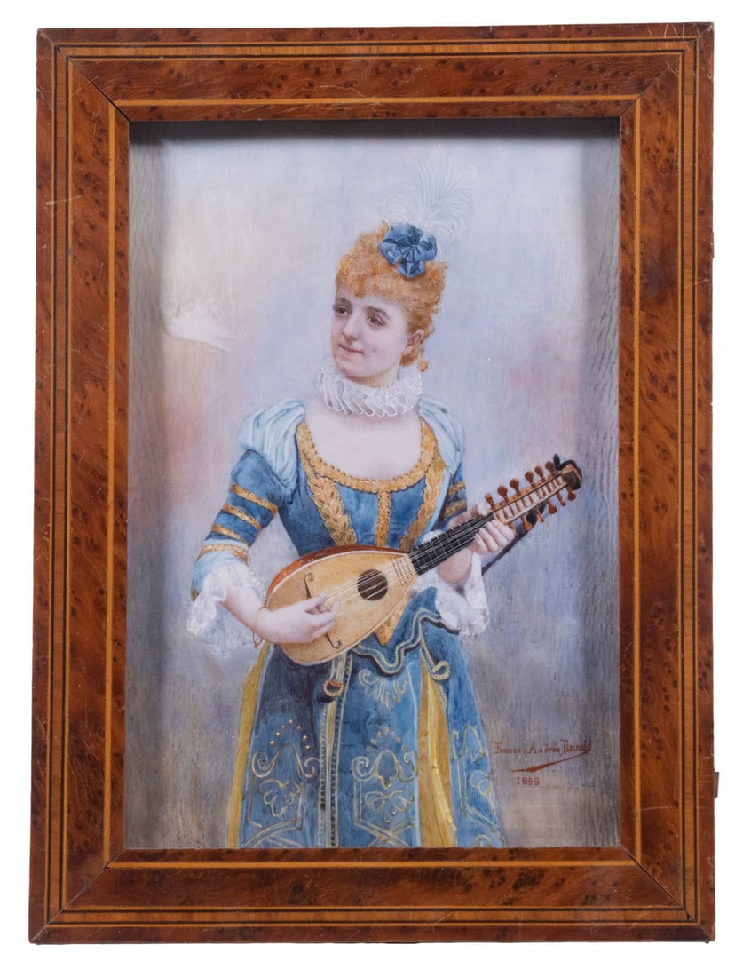 ANDREE DAUNIS (19th C. FRANCE): ANDREE DAUNIS (19th C. FRANCE)Miniature Portrait of a Red-Haired Woman in a blue Renaissance dress, playing a lute, oil on ivory, signed lower right, dated 1898, having a string inlaid bird's-eye mapl