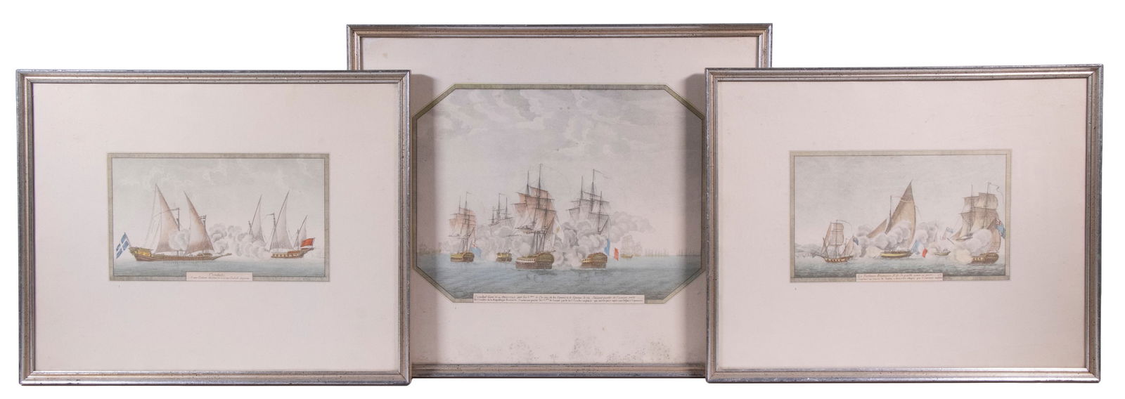 (3) FRAMED PRINTS OF 18TH C. NAVAL BATTLES: (3) FRAMED PRINTS OF 18TH C. NAVAL BATTLESUnsigned, in matching silver frames under glass, including: "Combat livre le 14 Mars, 1795 par les vaux la ca-ira de 80 canons & le Censeur de 74", OS: 14" x
