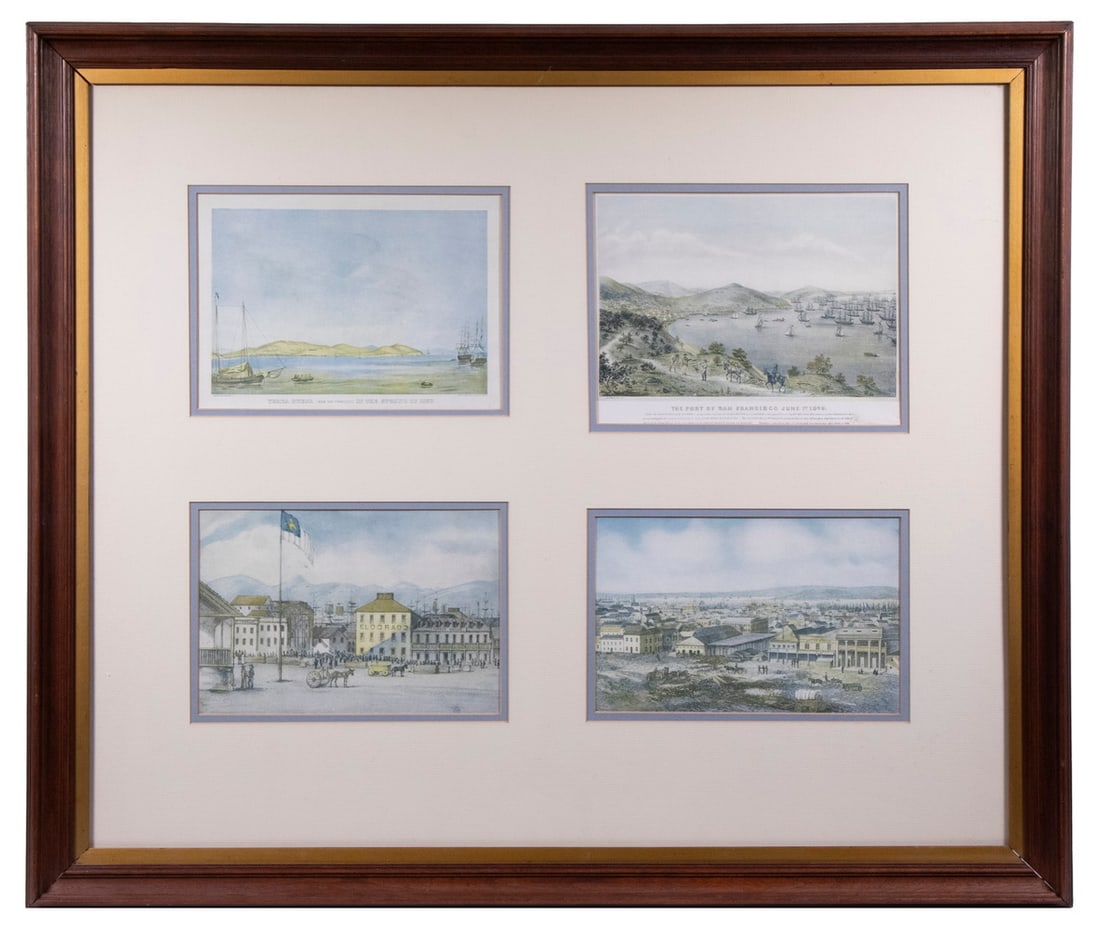 FOUR PRINTS EARLY VIEWS OF SAN FRANCISCO, IN ONE FRAME: FOUR PRINTS EARLY VIEWS OF SAN FRANCISCO, IN ONE FRAMEIncluding: Yerba Buena, 1837; "The Port of San Francisco, June 1849"; PLUS (2) Views of the Town Square with Hotel Row, unmarked, all are offset p