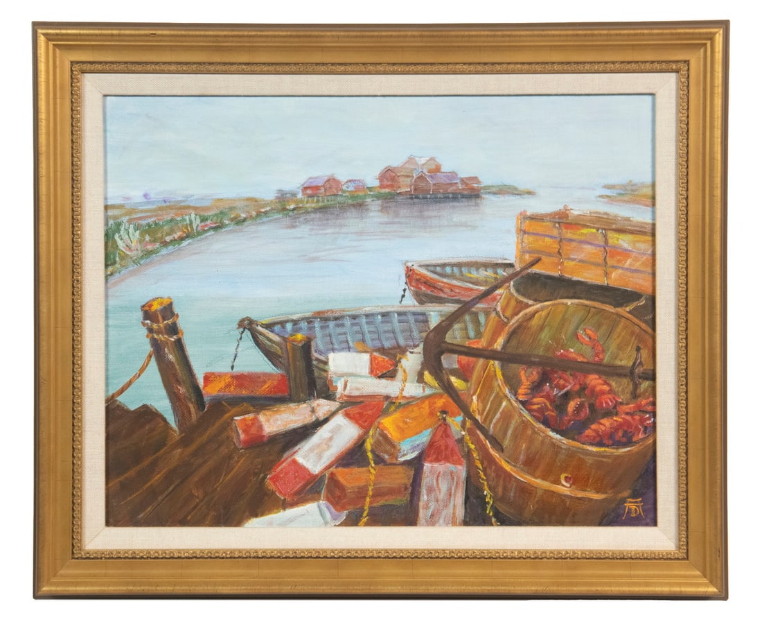 LOBSTER PIER AND DISTANT TOWN: LOBSTER PIER AND DISTANT TOWN Pots, Traps and Floats in foreground, fish shacks on opposite harbor shore, oil on canvas board, monogram 'AD' lower right, in gold molded frame with linen liner. OS: