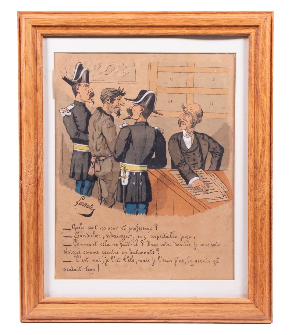 EDMOND LAVRATE (FRANCE, 1829-1888) POLITICAL CARTOON: EDMOND LAVRATE (FRANCE, 1829-1888) POLITICAL CARTOON "Quels sont vos nom et profession?", color lithograph, depicting a man called before a judge, flanked by Gendarmes. In molded light oak frame,