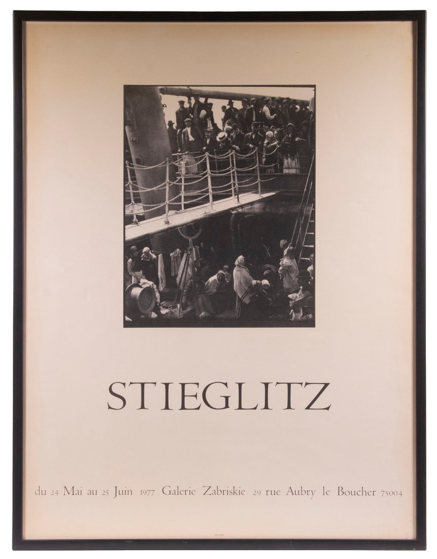 STIEGLITZ EXHIBITION POSTER, FRAMED: STIEGLITZ EXHIBITION POSTER, FRAMEDFeaturing Photo "The Steerage", of Immigrants on Ship, by Alfred Stieglitz (NY/NJ, 1864-1946), "du 24 Mai au 25 Juin 1977 Galerie Zabriskie 29 Rue Aubry le Boucher 7