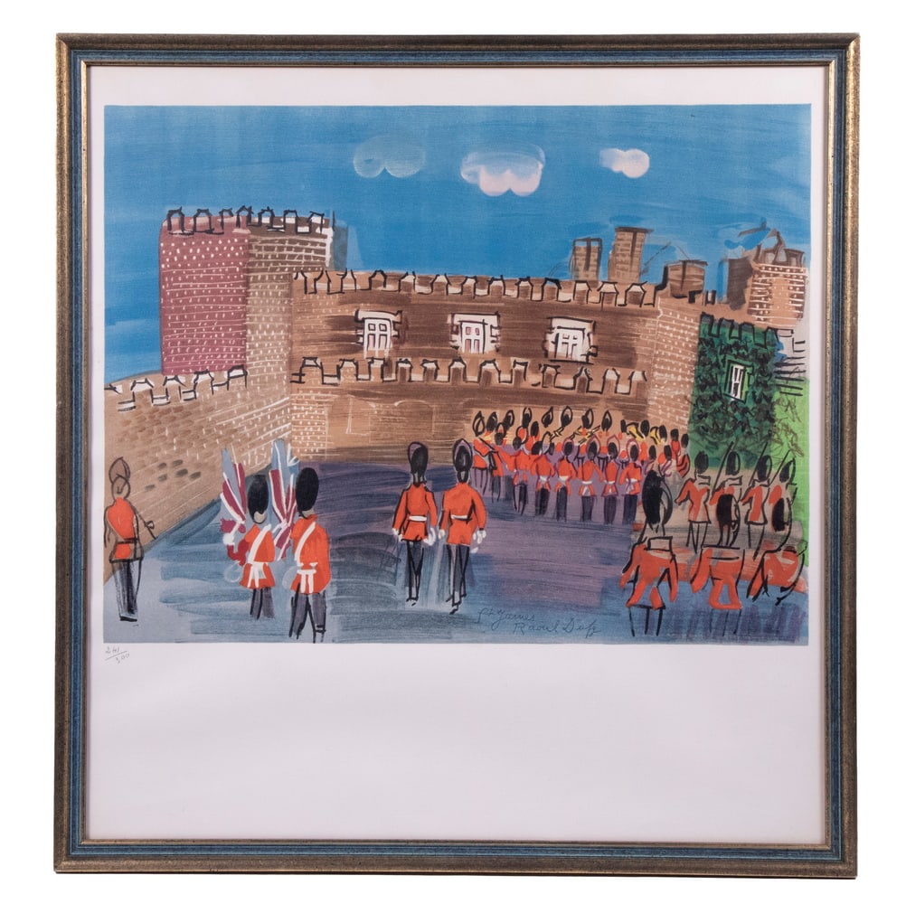 AFTER RAOUL DUFY (FRANCE, 1877-1953): AFTER RAOUL DUFY (FRANCE, 1877-1953) "La rel?ve de la garde au palais de Saint James," lithograph, signed in print, pencil numbered 241/300, from the 1937 gouache. In green and gold molded stick