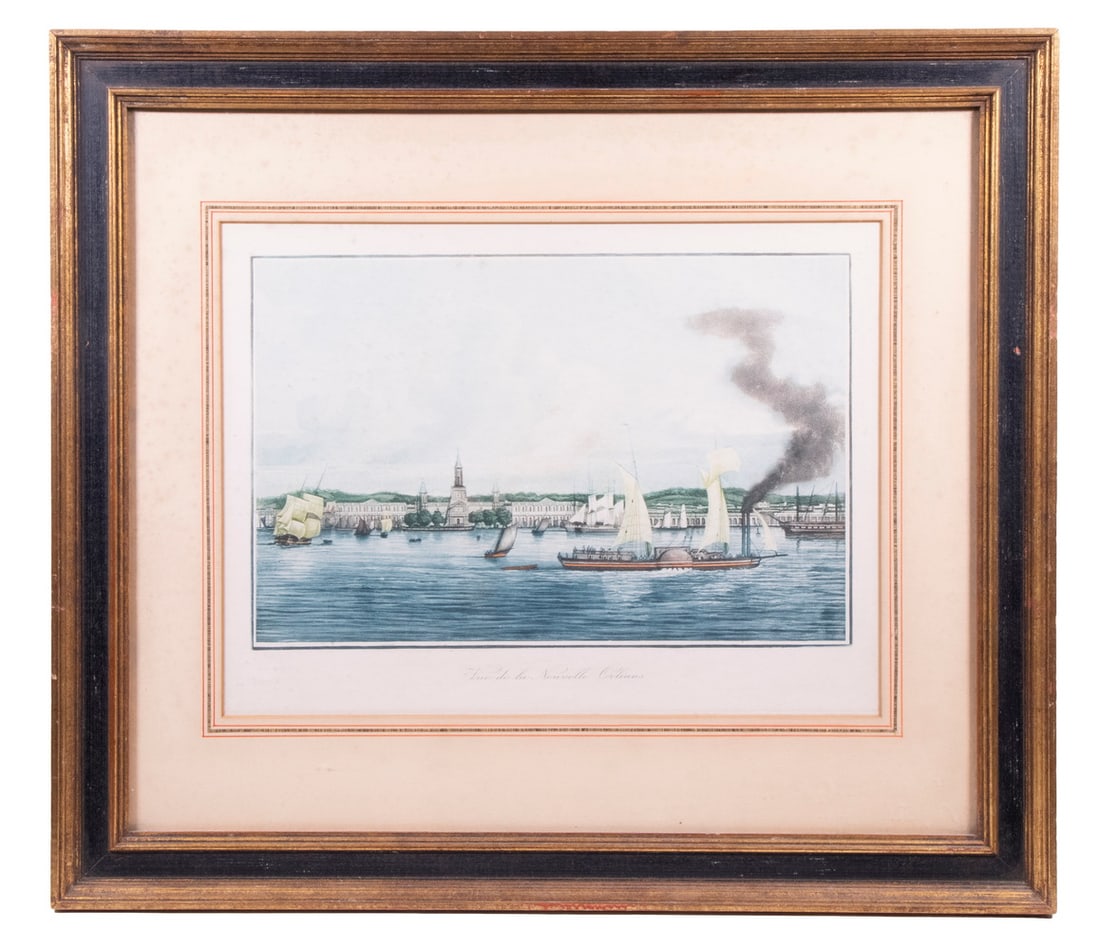 LOUIS LE BRETON (FRANCE, 1818-1860) PRINT OF NEW ORLEANS: LOUIS LE BRETON (FRANCE, 1818-1860) PRINT OF NEW ORLEANS "Vue de la Nouvelle Orleans," color aquatint lithograph with hand-coloring, ca. 1840-1850's. In gold and black molded panel frame, under