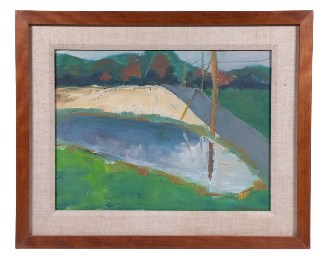 MARTHA REED COLES (ME/MA/NY, 1917-2006): MARTHA REED COLES (ME/MA/NY, 1917-2006) Roadside Pond in Mountains, oil on board, signed lower right. In mahogany box frame with mitered linen liner. OS: 16 x 20 in. (40.6 x 50.8 cm.), SS: 11 x 14