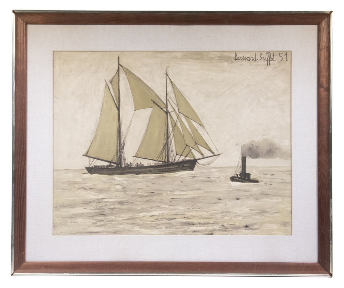 AFTER BERNARD BUFFET (FRANCE, 1928-1999): AFTER BERNARD BUFFET (FRANCE, 1928-1999) Topsail Schooner and Tug, offset photo-litho, signed and dated 1951 in print, in mahogany mitered frame with pale gold edge, linen mat, glazed, good