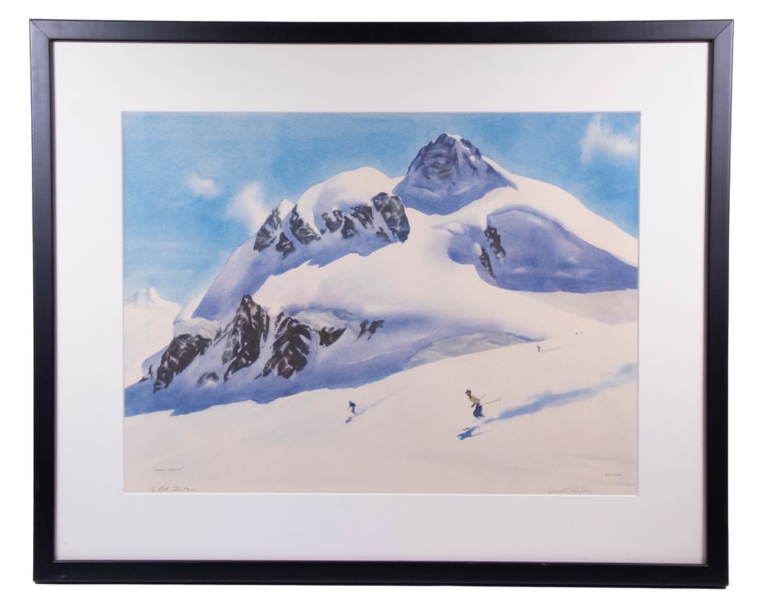 DWIGHT SHEPLER (MA, 1905-1974): DWIGHT SHEPLER (MA, 1905-1974) Alpine Skiers, offset litho print, signed in print, also pencil signed and inscribed "To Bob Tinton." In black box frame, matted under glass. OS: 21 x 26 in. (53.3 x 66