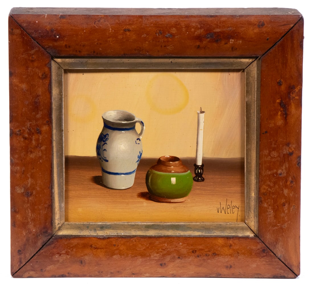 V. WELEY MINIATURE STILL LIFE: V. WELEY MINIATURE STILL LIFE Tabletop arrangement of a stoneware jug, ginger jar, and a candlestick, oil on panel, signed lower right. In birdseye frame with gilt liner. From the Estate of Bowdoin