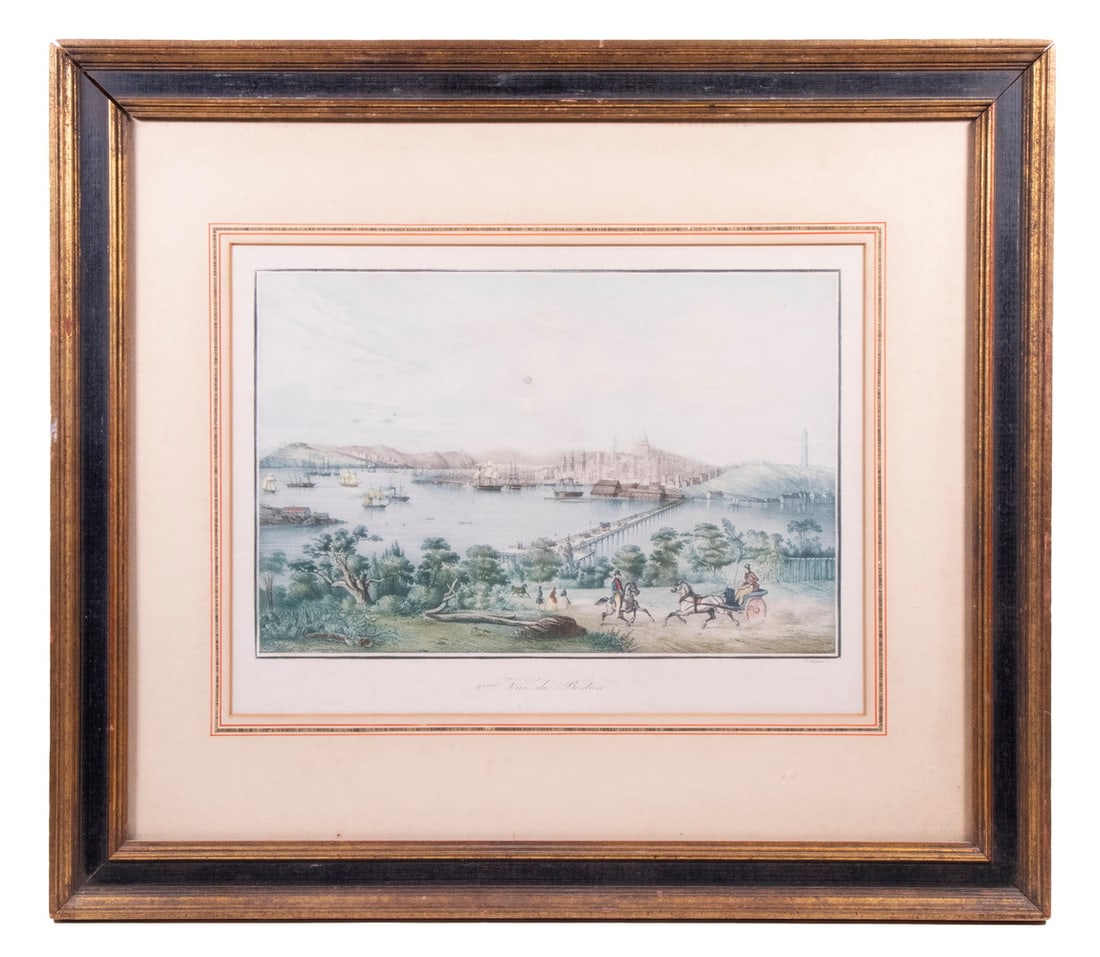 LOUIS LE BRETON (FRANCE, 1818-1860) PRINT OF BOSTON: LOUIS LE BRETON (FRANCE, 1818-1860) PRINT OF BOSTON "2eme Vue de Boston", color aquatint lithograph with hand-coloring, ca. 1840-1850's. In gold and black molded panel frame, under French ruled mat