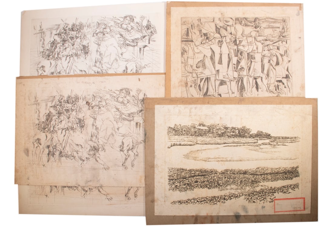 HERBERT LEWIS FINK (ME/IL, 1921-2006): HERBERT LEWIS FINK (ME/IL, 1921-2006) (5) Damaged but retrievable etchings, including: "The Cove", unsigned, impression: 11 1/2" x 17 1/2"; PLUS Final State Proof, "Exodus", signed, glued to board,