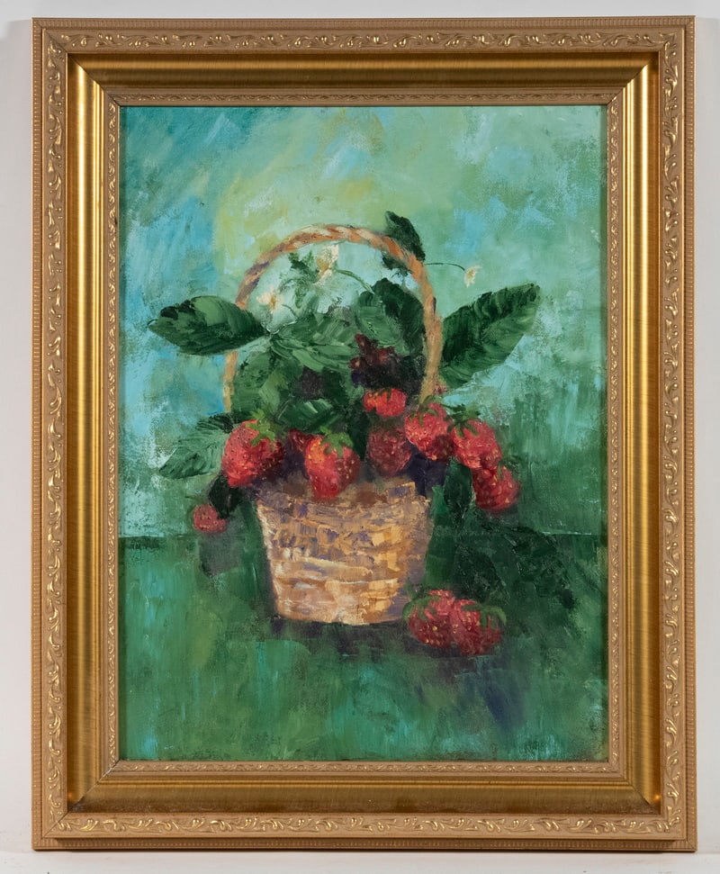 CONTEMPORARY STILL LIFE: CONTEMPORARY STILL LIFE Basket of Strawberries, oil on canvas, illegibly signed lower left. In a gold metal leaf frame. Good condition. OS: 19 1/2 x 15 5/8 in. (49.5 x 39.7 cm.), SS: 15 1/2 x 11 1/2