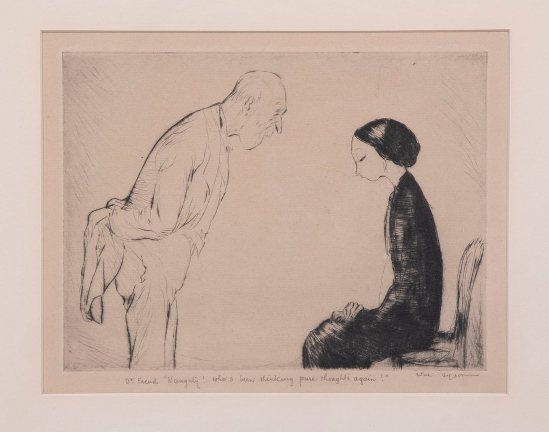 WILLIAM (WILL) HENRY DYSON (UK/AUSTRALIA, 1880-1938): WILLIAM (WILL) HENRY DYSON (UK/AUSTRALIA, 1880-1938)"Dr. Freud: 'Naughty! Who's been thinking pure thoughts again!" Etching on buff paper, pencil signed and titled. In black stick frame, matted under