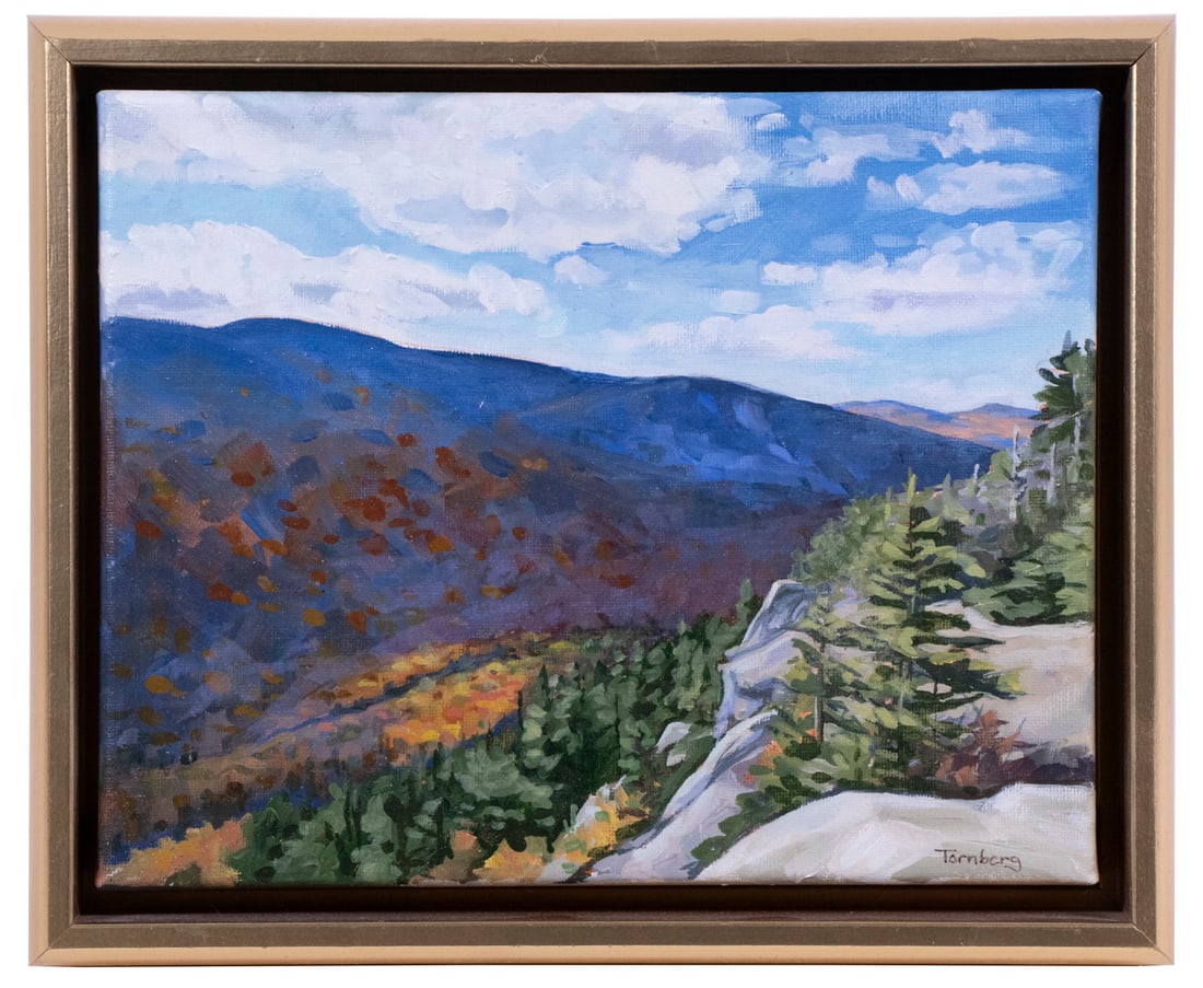 MELANIE TORNBERG (CONTEMPORARY MAINE): MELANIE TORNBERG (CONTEMPORARY MAINE) "Grafton Notch", oil on canvas, signed lower right, titled and dated 2019 verso, with original price of $175. In a gold metal leaf floating frame. OS: 9 1/2 x 11
