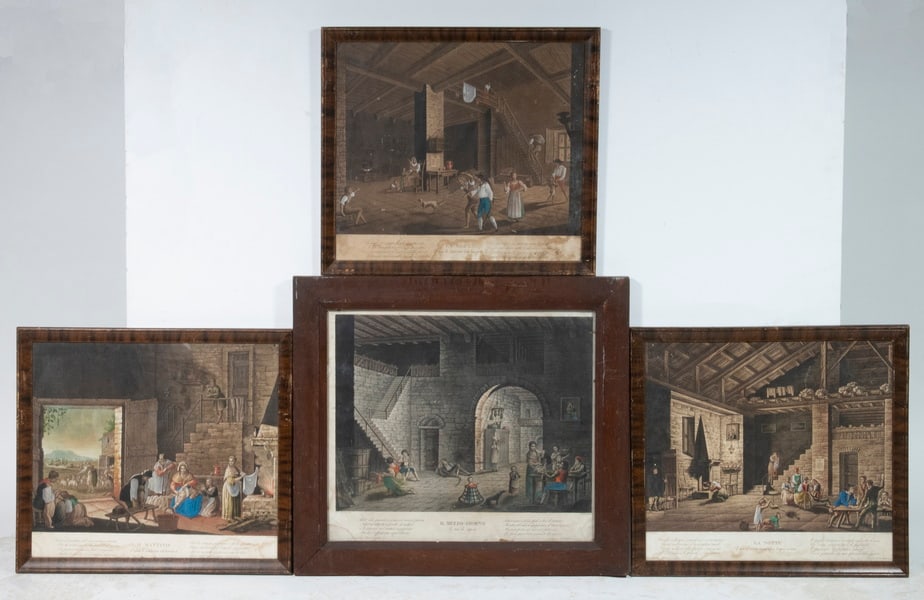 (4) EARLY 19TH C. ITALIAN AGRAGARIAN HAND COLORED PRINTS: (4) EARLY 19TH C. ITALIAN AGRAGARIAN HAND COLORED PRINTS Hand colored Copperplate Engravings by Scotti, including: "Il Mattino" (The Morning); "Il Mezzo Giorno" (Mid-Day); "La Serra" (The Evening);