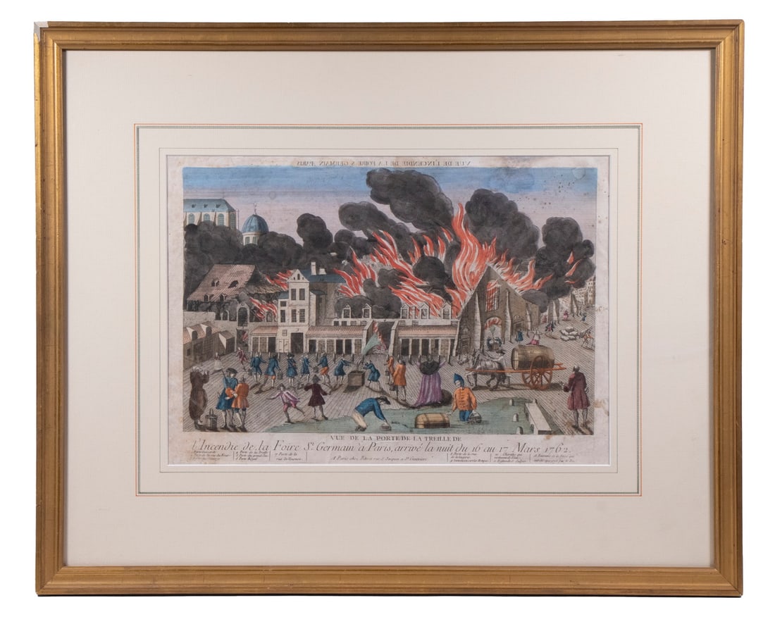 1762 VUE D'OPTIQUE OF PARIS FIRE: 1762 VUE D'OPTIQUE OF PARIS FIRE "Vue de l'Incendie de la Foir St. Germain a Paris, arrive la nuit du 16 au 17 Mars 1762", hand colored copperplate engraving on wove paper, published by Jacques