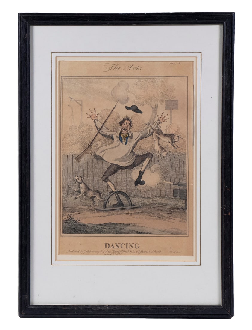 WILLIAM HEATH (UK, 1795-1840): WILLIAM HEATH (UK, 1795-1840) Satirical print "The Arts - Dancing", hand colored etching, marked "W.H. fecit", and with publication line 'Published by G.Humphrey 74 New Bond Street & 24 St. James's